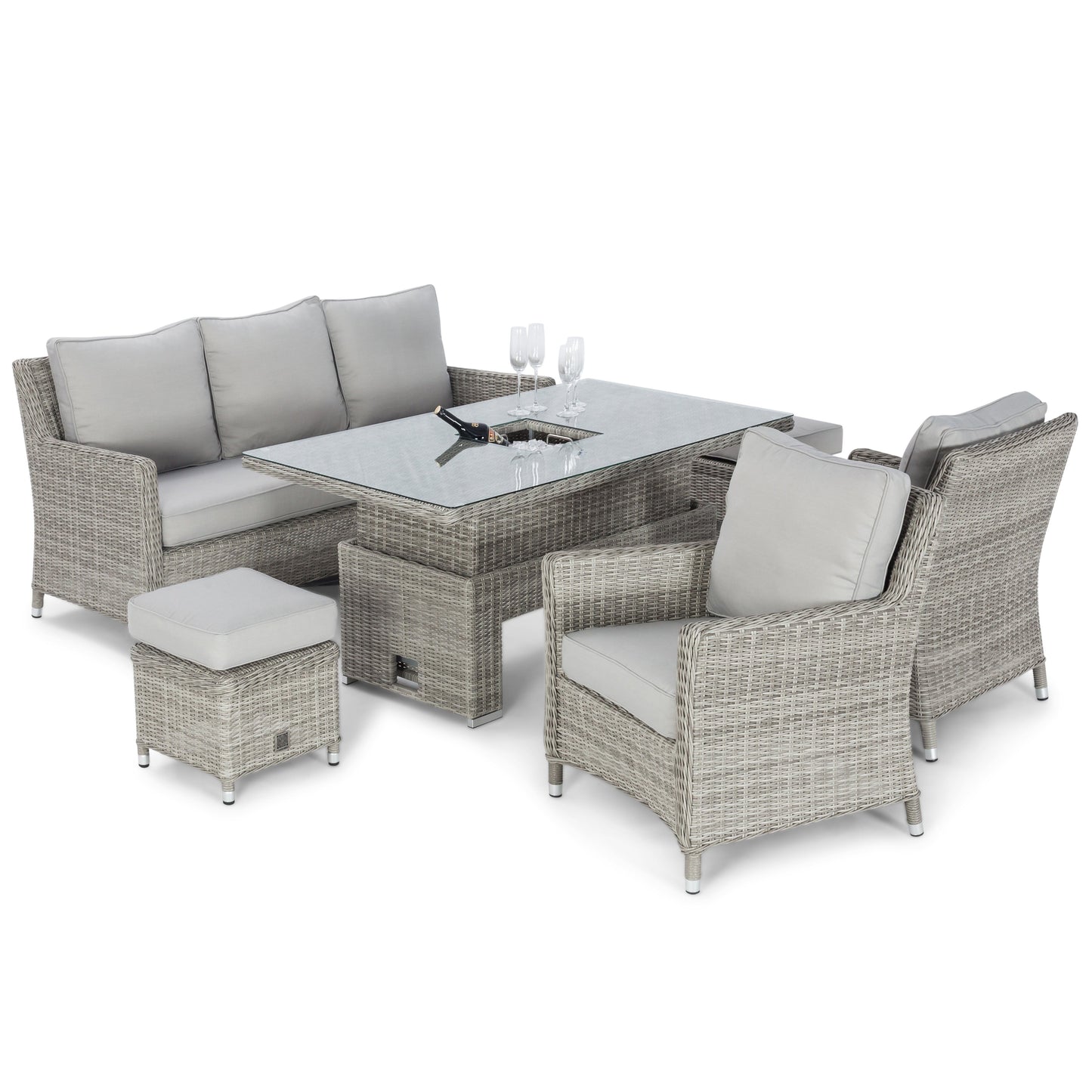 Maze Oxford Grey Rattan Sofa Casual Dining Set with Integrated Ice Bucket and Rising Table