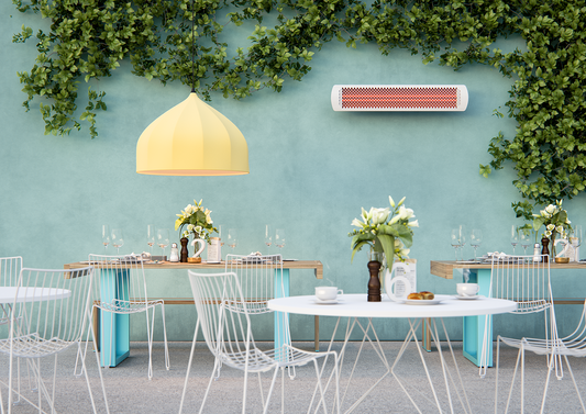 Bromic_Tungsten_Smart-Heat_Electric _Infrared_Heater_white_on_the_restaurant_wall