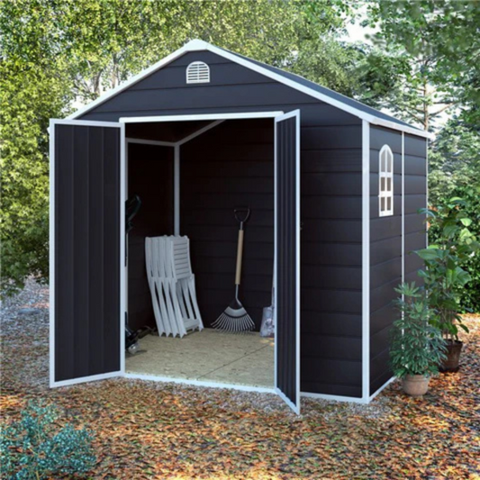 Lotus Sono 8x6 Apex Plastic Garden Storage Shed Including Foundation Kit Grey