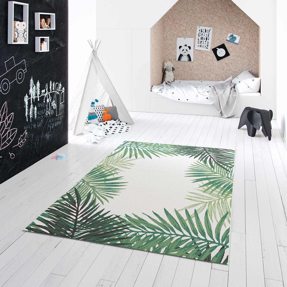 Botany Palm Leaf White Centre Outdoor Rug - Modern Rattan