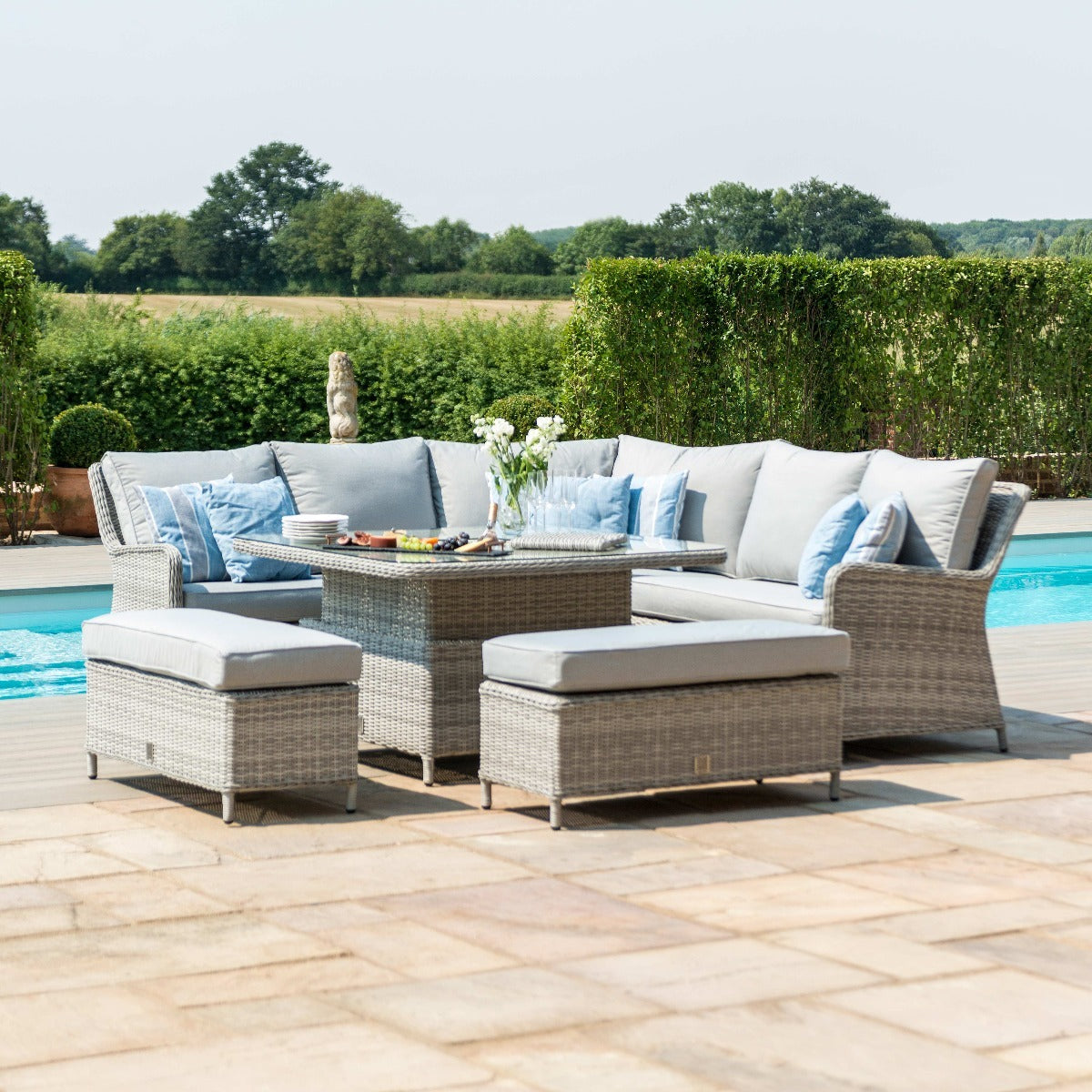 Maze Oxford Grey Rattan Royal Casual Corner Dining Set With Bench Seating and LPG Gas Fire pit