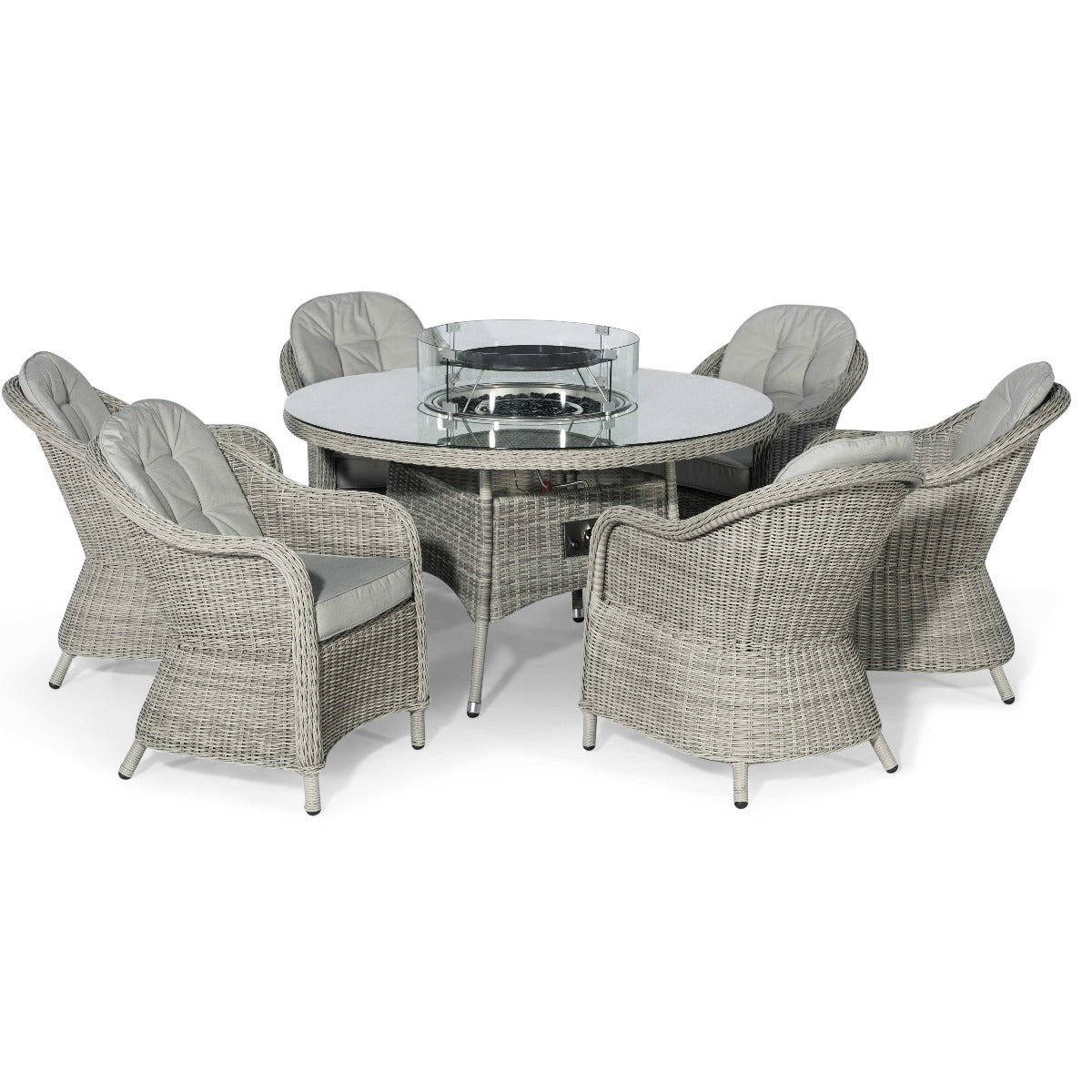 Maze Oxford Grey Rattan Six Seat Round Heritage Garden Dining Set with Lazy Susan and LPG Gas Firepit