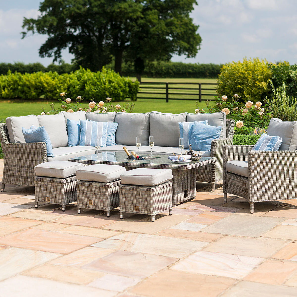 Maze Oxford Grey Rattan Casual Corner Dining Set With Armchair integrated Ice Bucket and Rising Table