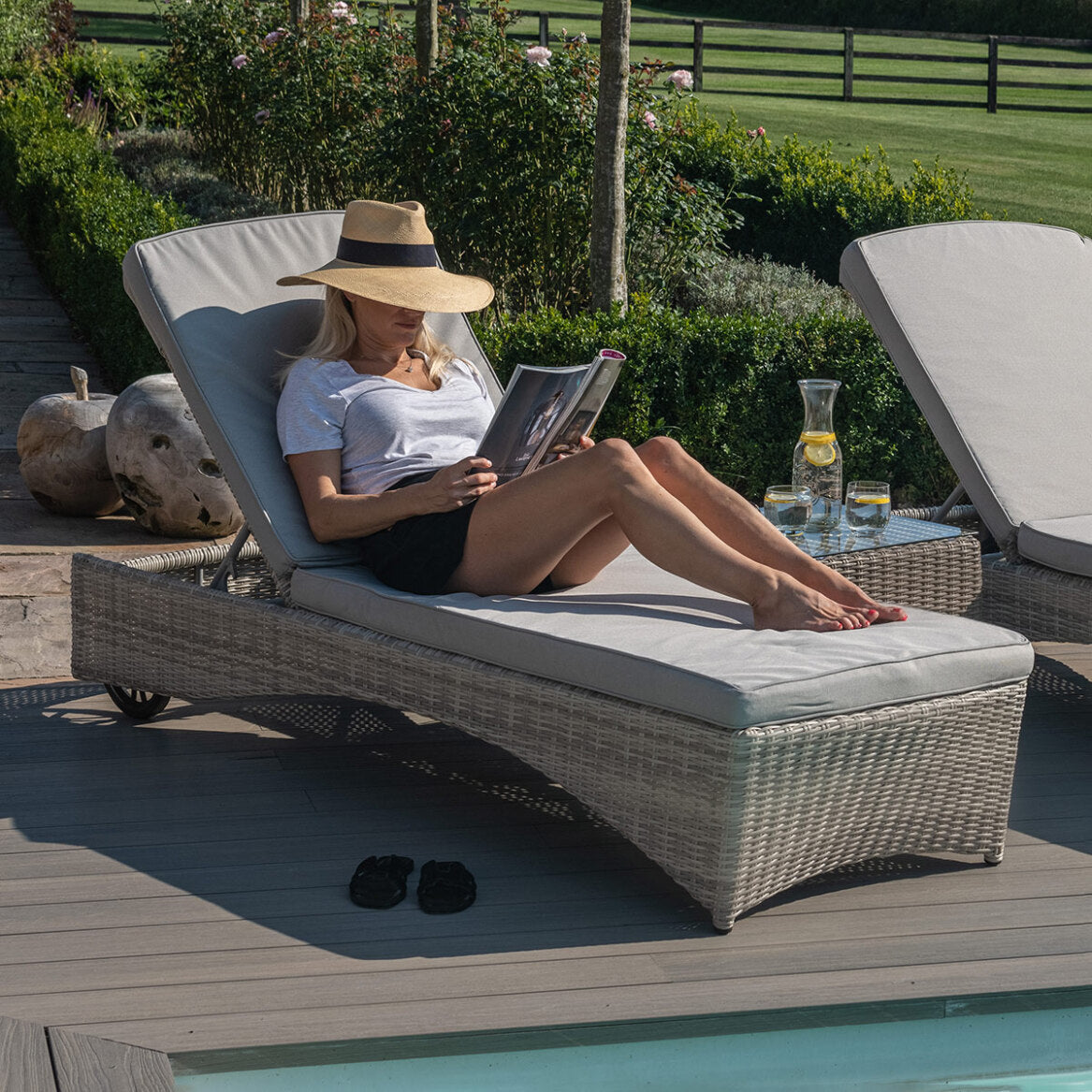 Maze Oxford Grey Rattan Luxury Garden Sunlounger Set with Adjustable back rest and Side Table