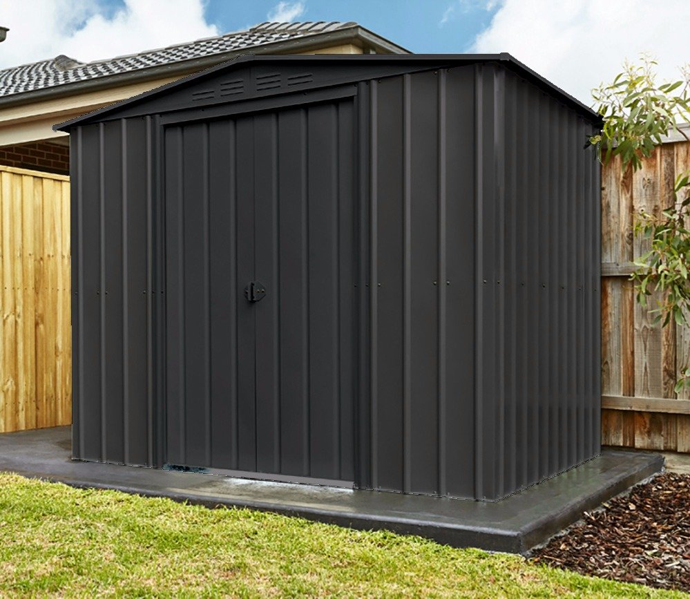 Globel Apex 8x6 metal garden sheds in grey