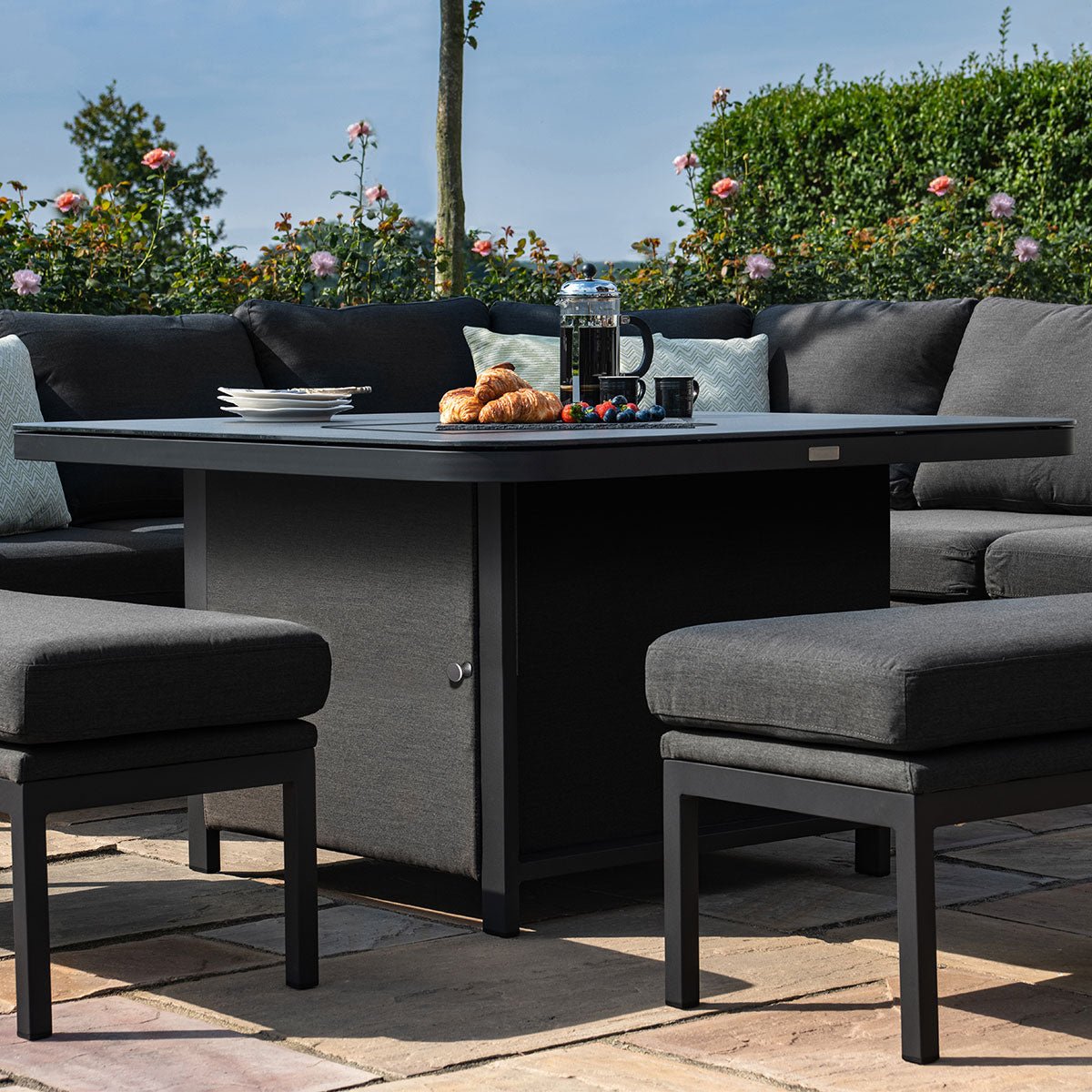 Maze Pulse Deluxe Square Corner Sofa Dining Set with Fire Pit Table + Free Extras