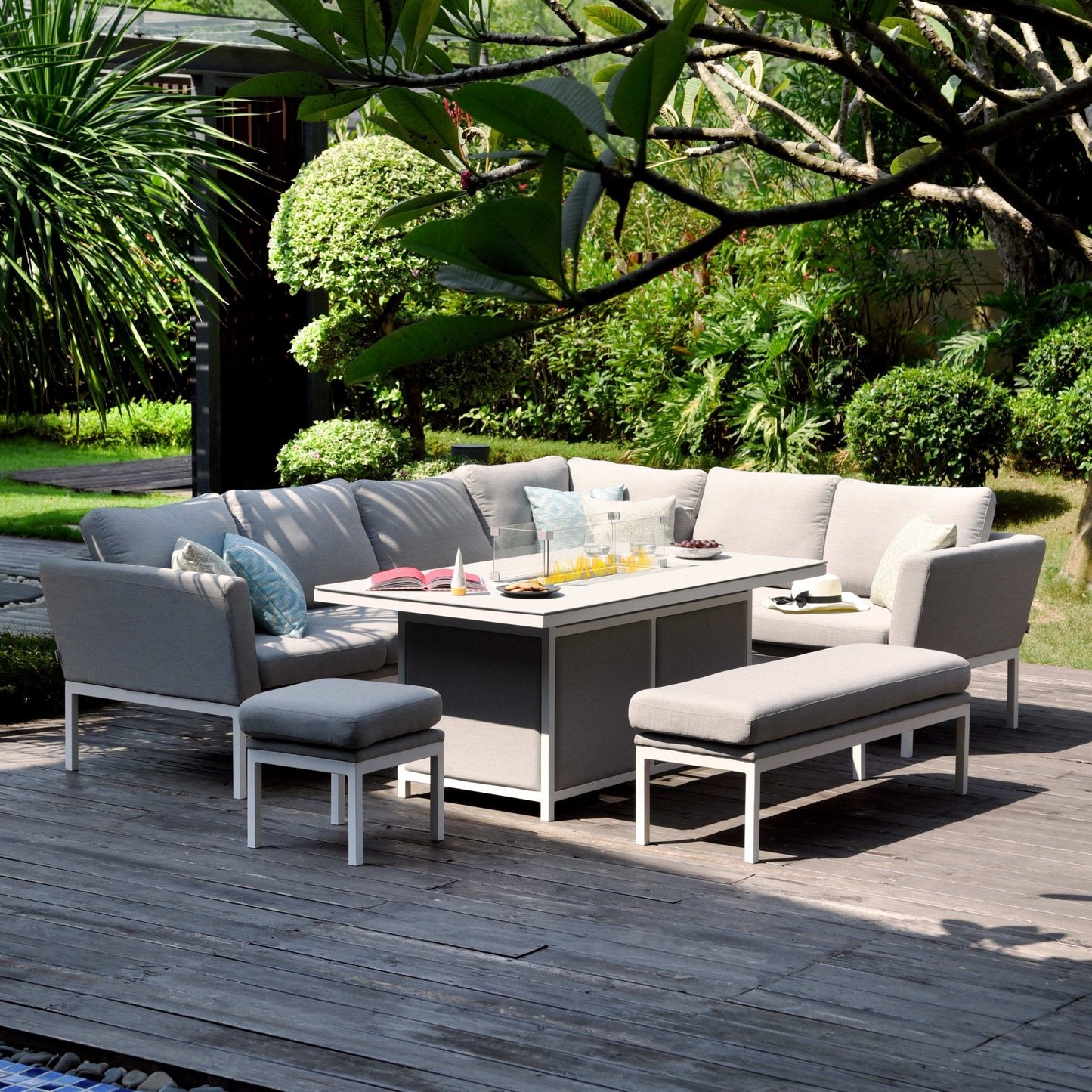 Maze Pulse Left Handed Rectangular Outdoor Corner Sofa Dining Set with Fire Pit + Free Extras