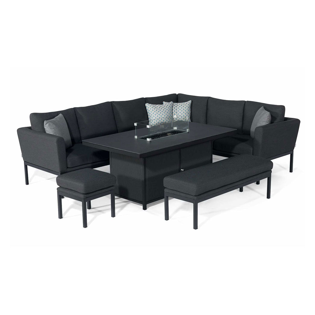 Maze Pulse Left Handed Rectangular Outdoor Corner Sofa Dining Set with Fire Pit + Free Extras