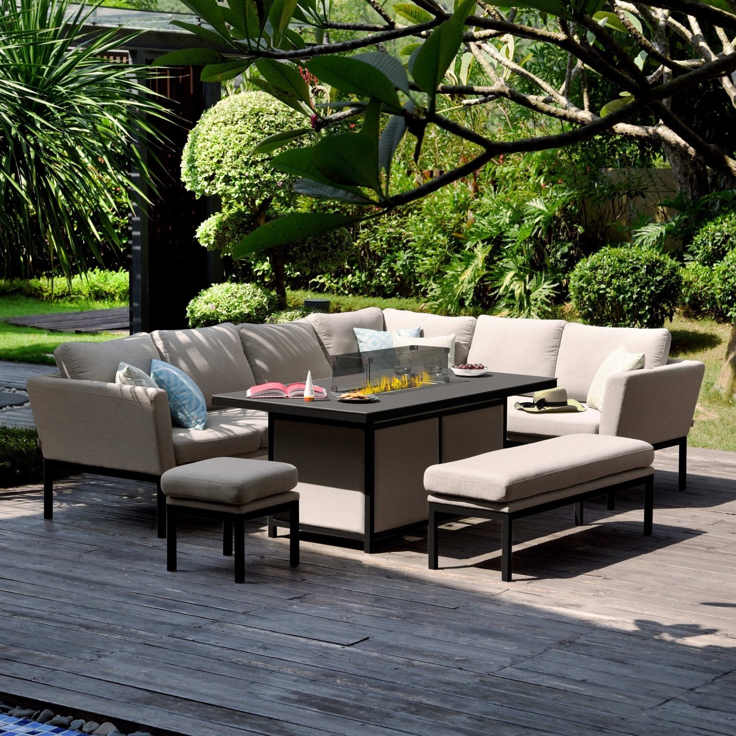 Maze Pulse Left Handed Rectangular Outdoor Corner Sofa Dining Set with Fire Pit + Free Extras