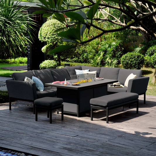 Maze Pulse Left Handed Rectangular Outdoor Corner Sofa Dining Set with Fire Pit + Free Extras