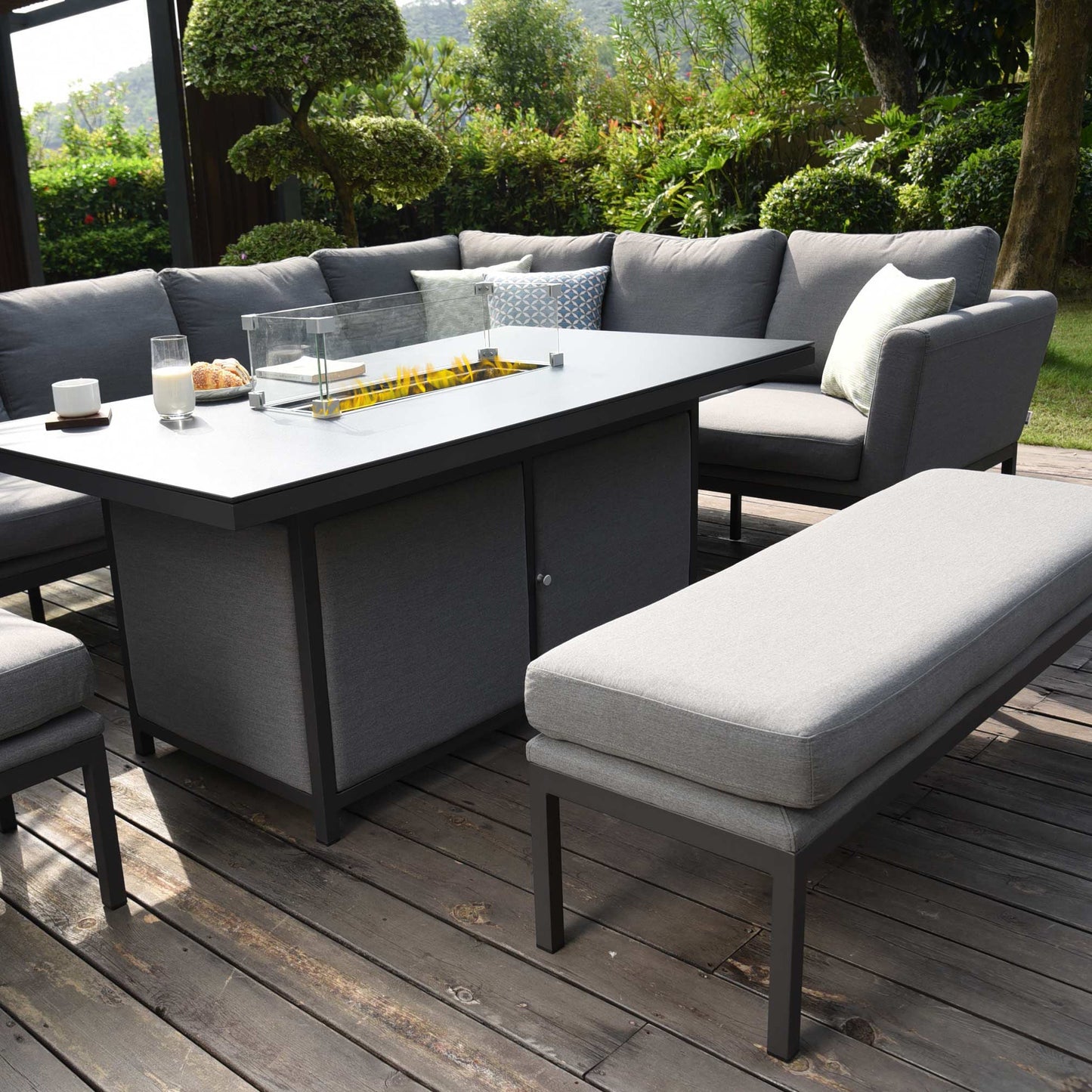 Maze Pulse Left Handed Rectangular Outdoor Corner Sofa Dining Set with Fire Pit + Free Extras