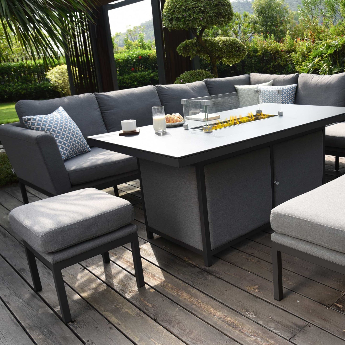 Maze Pulse Left Handed Rectangular Outdoor Corner Sofa Dining Set with Fire Pit + Free Extras