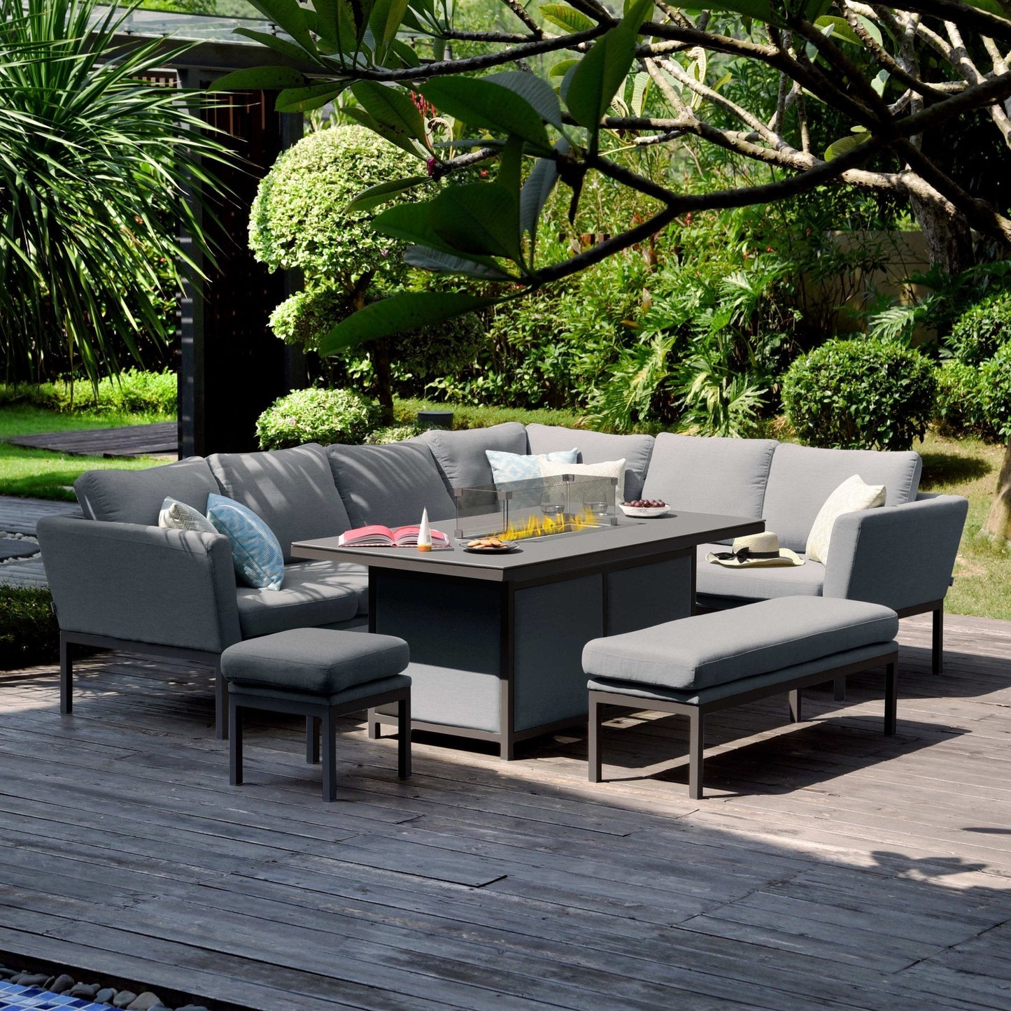 Maze Pulse Left Handed Rectangular Outdoor Corner Sofa Dining Set with Fire Pit + Free Extras