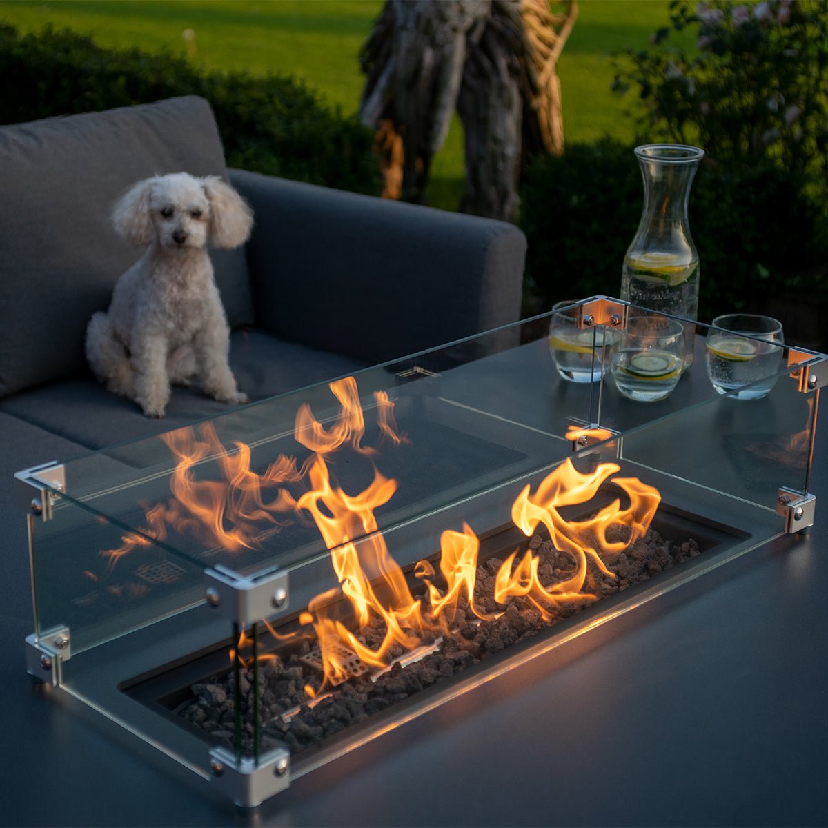 Maze Pulse Left Handed Rectangular Outdoor Corner Sofa Dining Set with Fire Pit + Free Extras