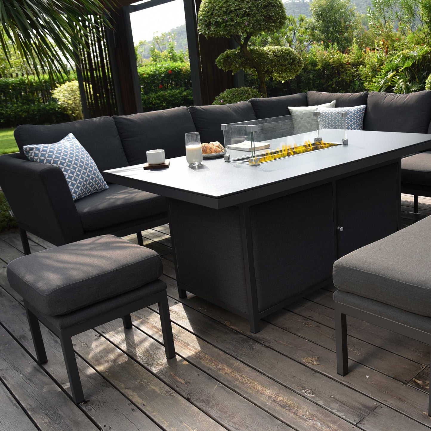 Maze Pulse Left Handed Rectangular Outdoor Corner Sofa Dining Set with Fire Pit + Free Extras