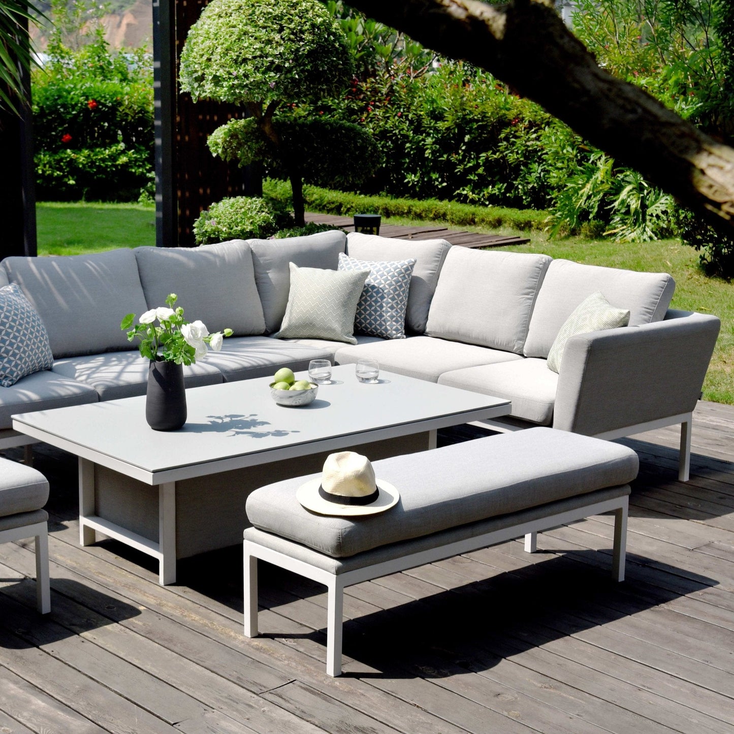 Maze Pulse Left Handed Rectangular Outdoor Corner Sofa Dining Set with Rising Table + Free Cover