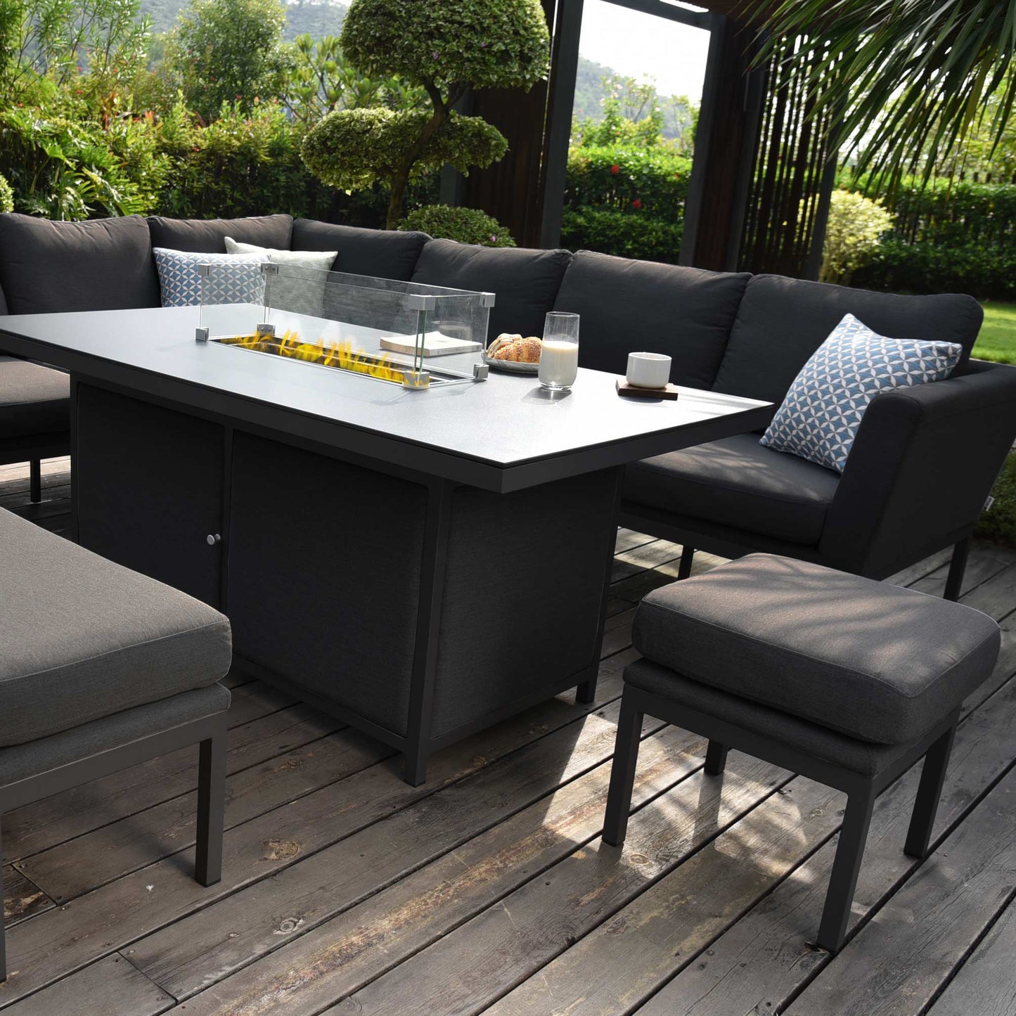 Pulse Rectangular Corner Dining Set with Fire Pit - Modern Rattan