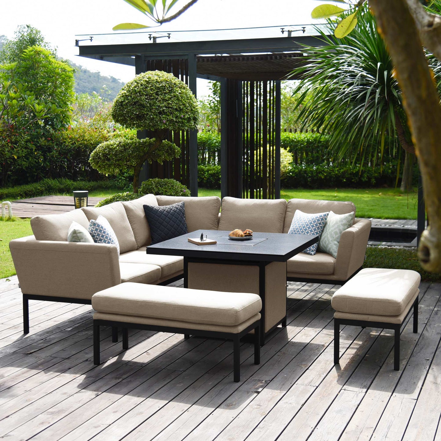 Maze Pulse Square Corner Sofa Dining Set with Fire Pit + Free Extras