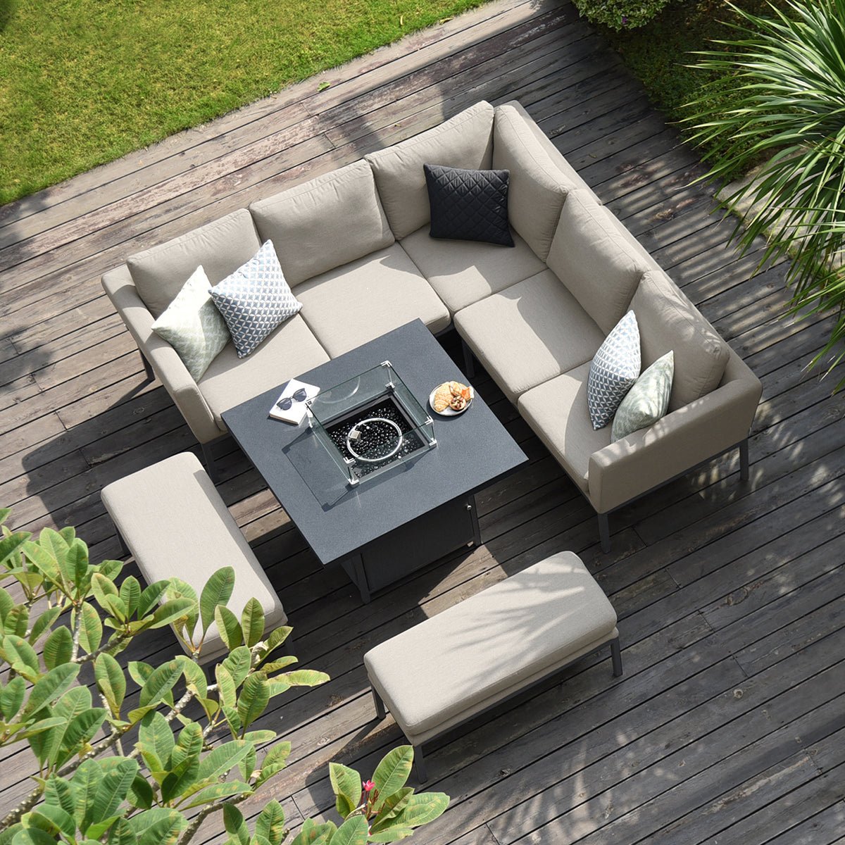 Pulse Square Corner Dining Set with Fire Pit - Modern Rattan