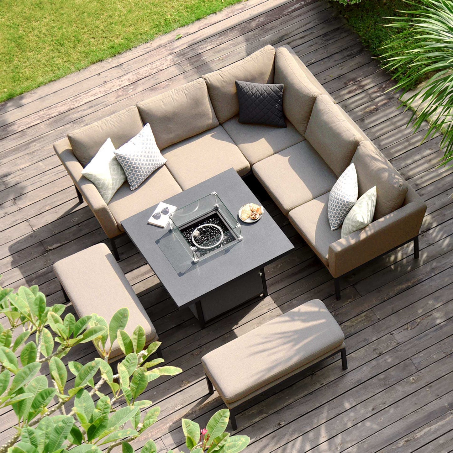 Pulse Square Corner Dining Set with Fire Pit - Modern Rattan