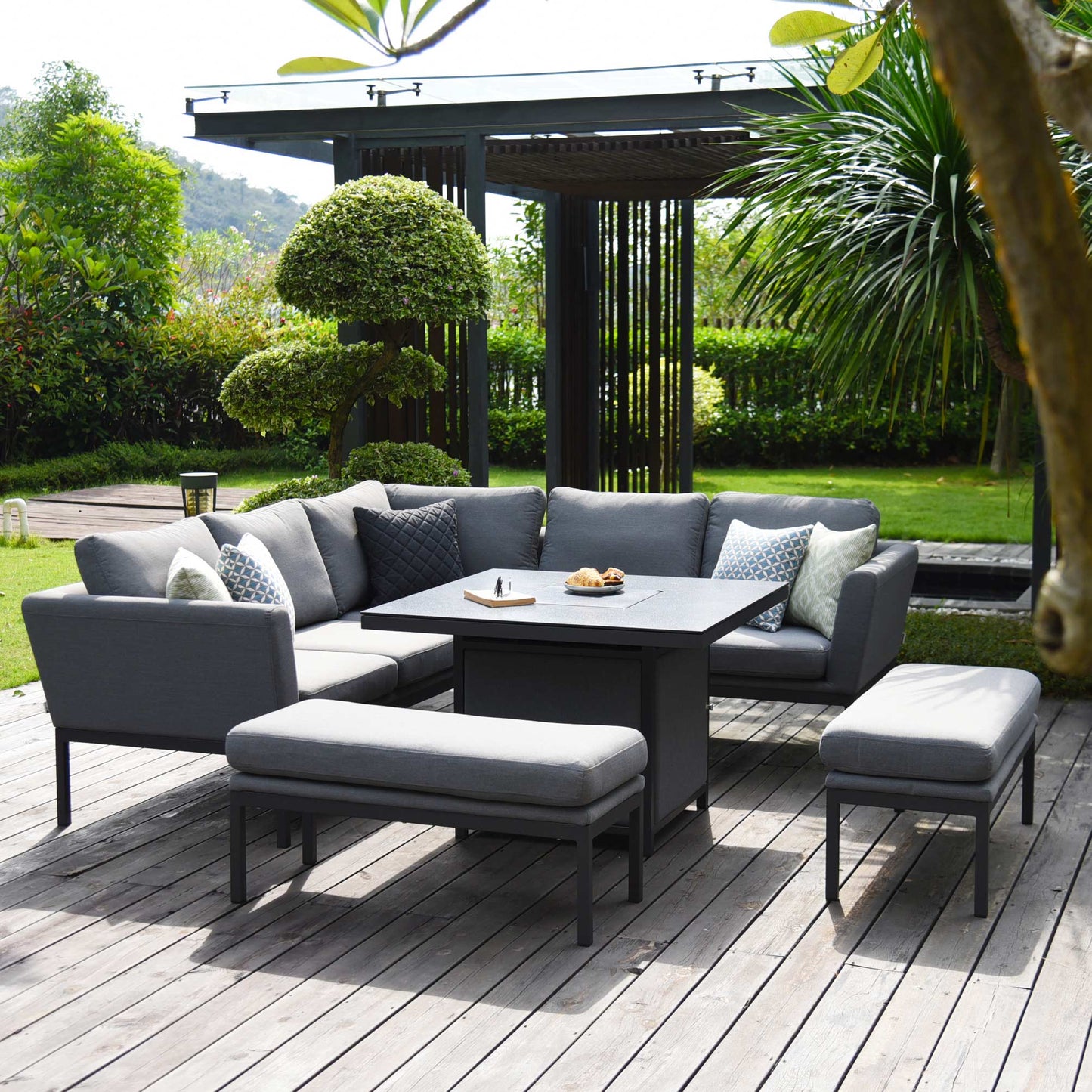 Maze Pulse Square Corner Sofa Dining Set with Fire Pit + Free Extras