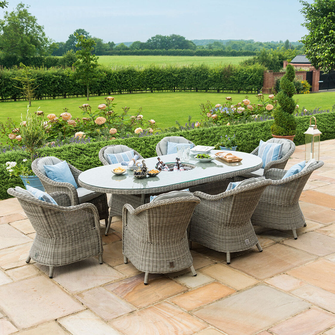 Maze Oxford Grey Rattan Eight Seat Oval Heritage Garden Dining Set with Lazy Susan / Ice bucket